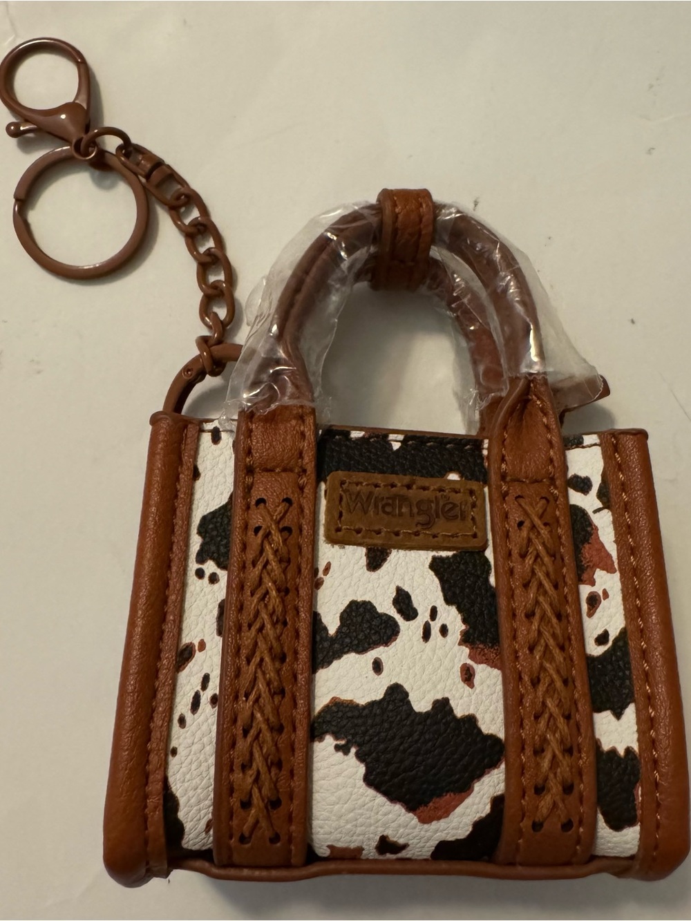 Wrangler Brown and White Cowprint Mini Tote Keychain